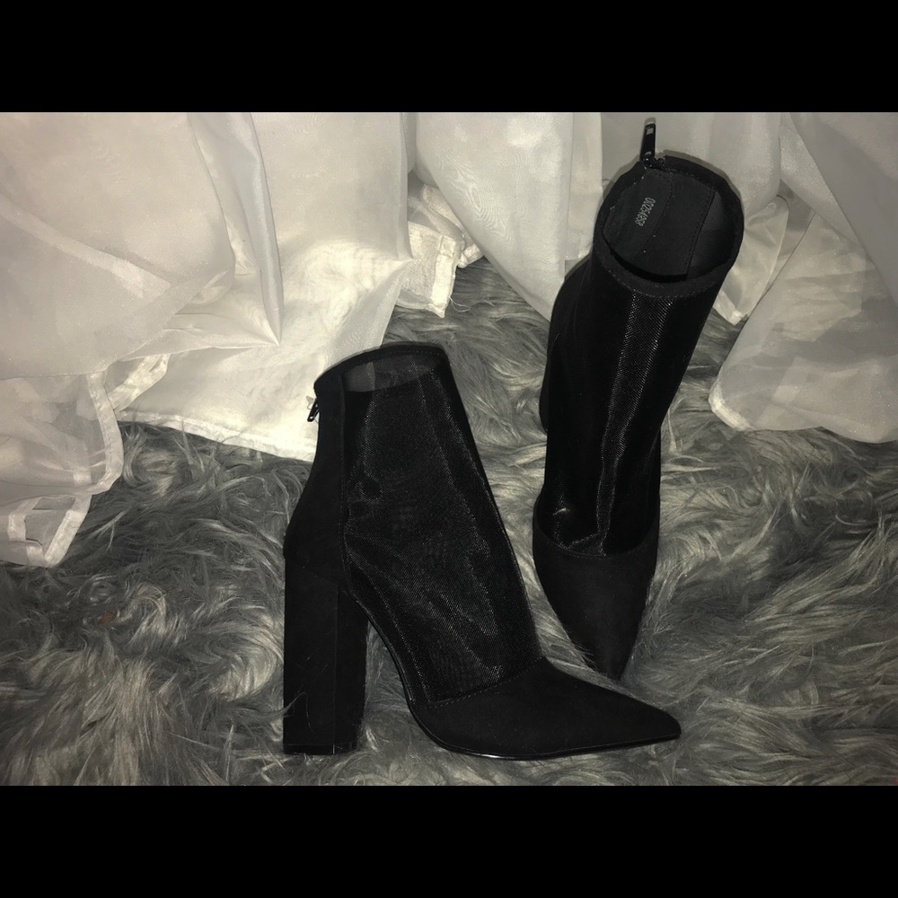 black pointy heel booties (ankle)